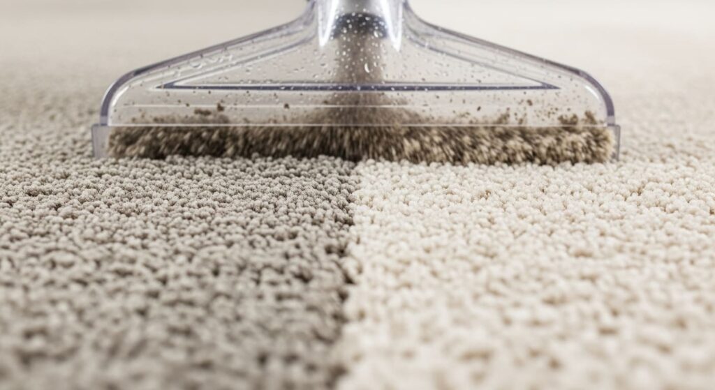 Professional carpet cleaners from Glossy House Cleaning performing a deep steam extraction in a bright, modern Walnut Creek home.