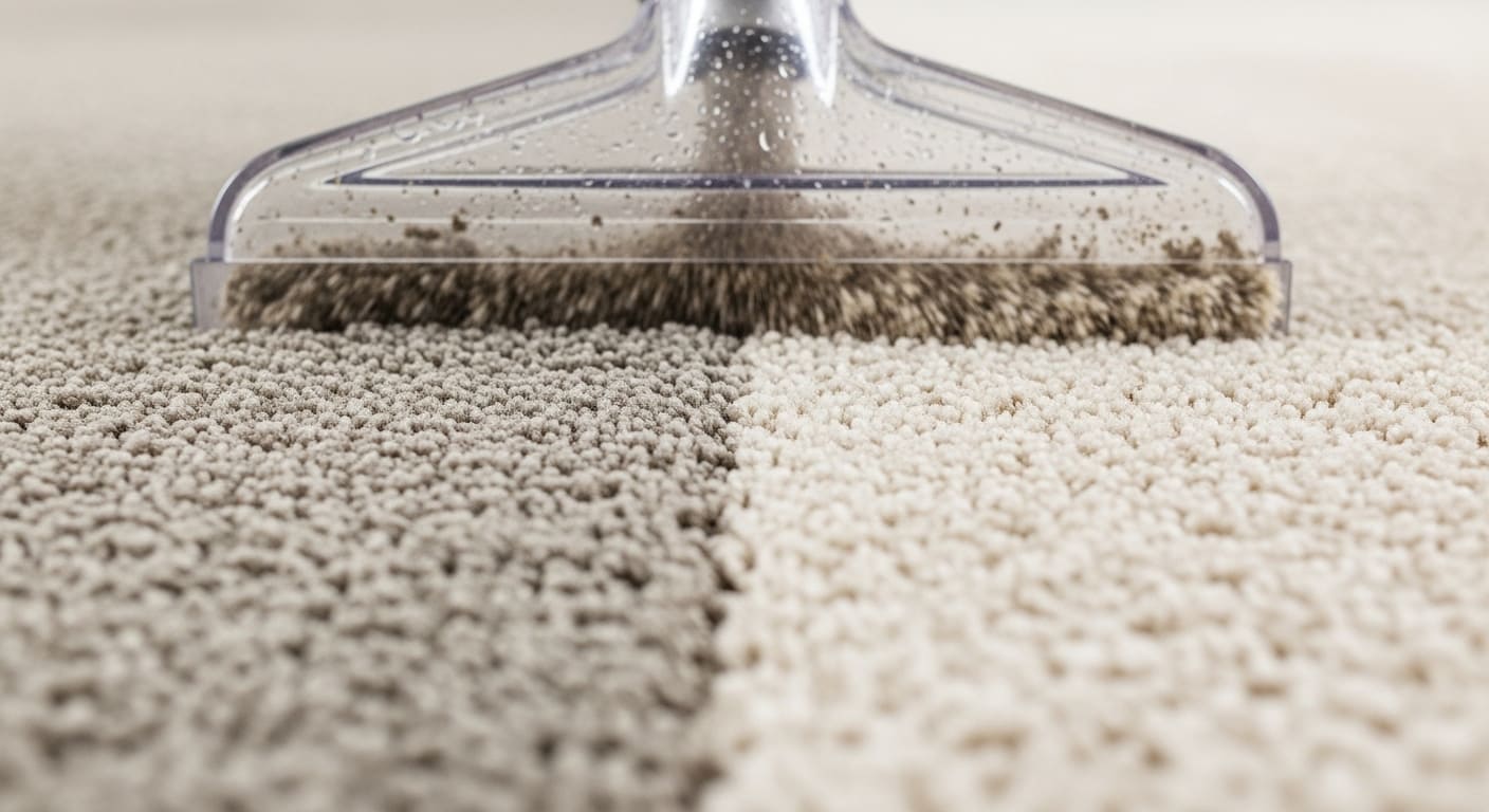 Professional carpet cleaners from Glossy House Cleaning performing a deep steam extraction in a bright, modern Walnut Creek home.