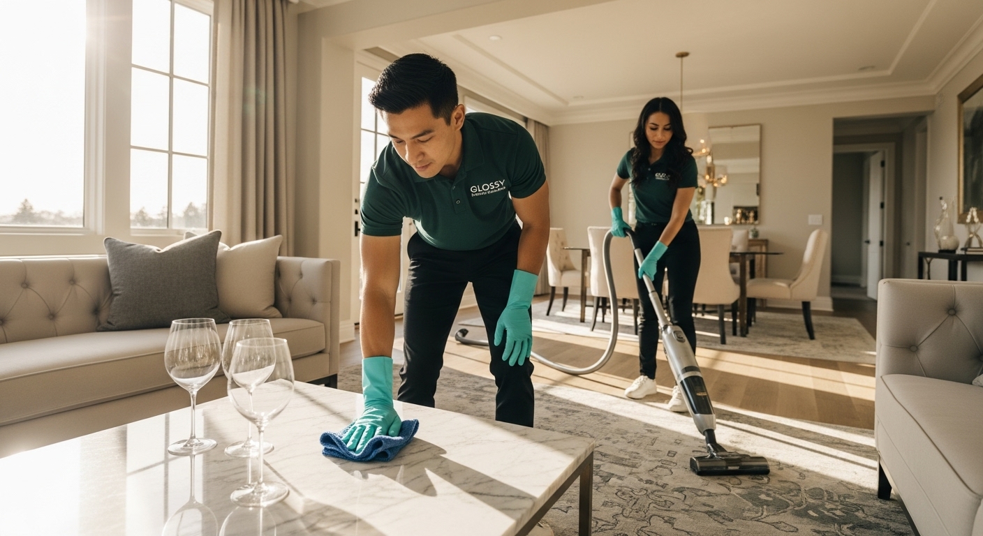 Professional cleaning crew from Glossy House Cleaning performing after event cleaning in a luxury Bay Area residential living room.