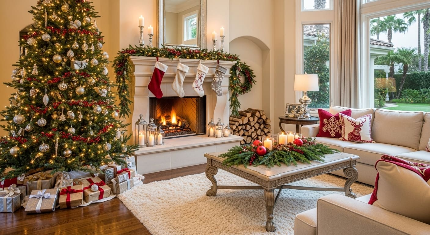 Professional deep cleaning service being completed by a Glossy House Cleaning expert in a festive East Bay home ready for Christmas.