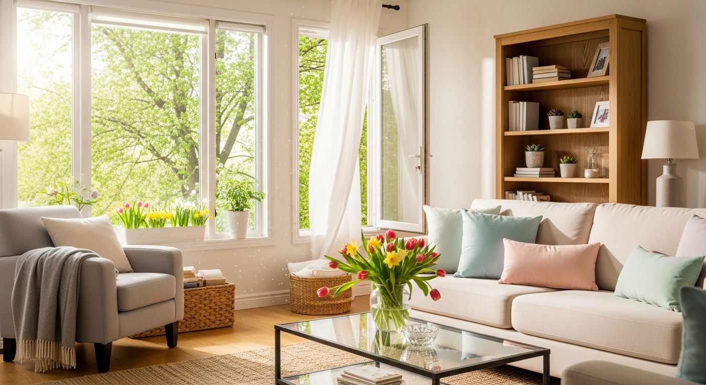 Professional house cleaners from Glossy House Cleaning performing a spring deep cleaning service in a sunny Walnut Creek kitchen.