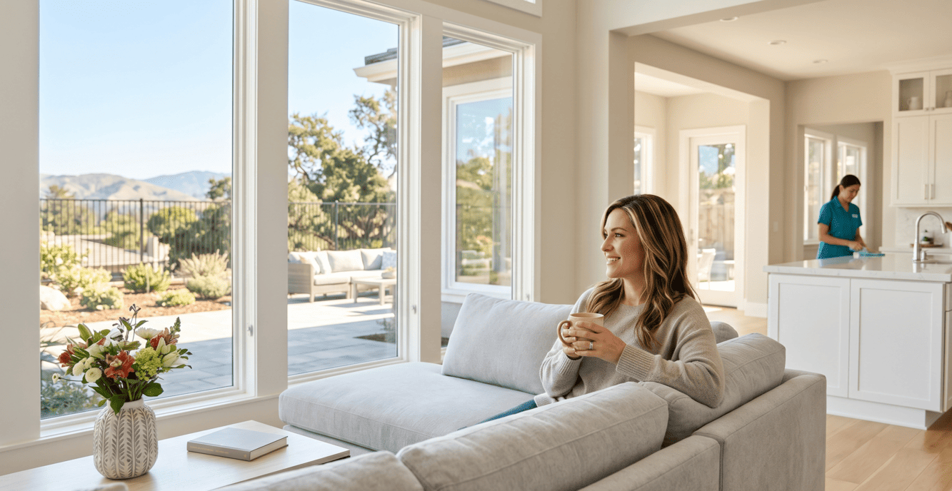 A relaxed Walnut Creek homeowner enjoys coffee in a spotless living room while a Glossy House Cleaning professional sanitizes