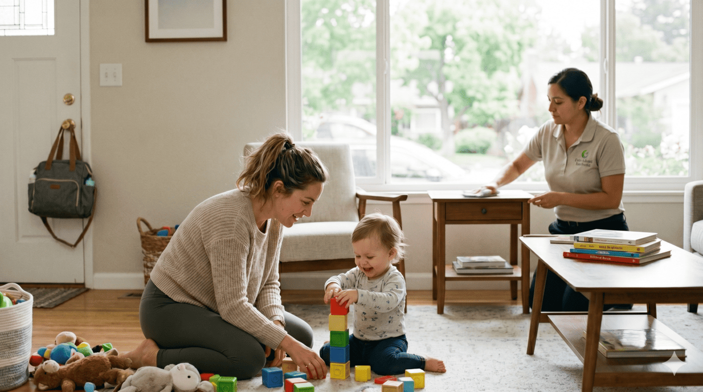 A smiling mother and her small child play with colorful blocks on the floor of a living room, while a uniformed cleaning profess