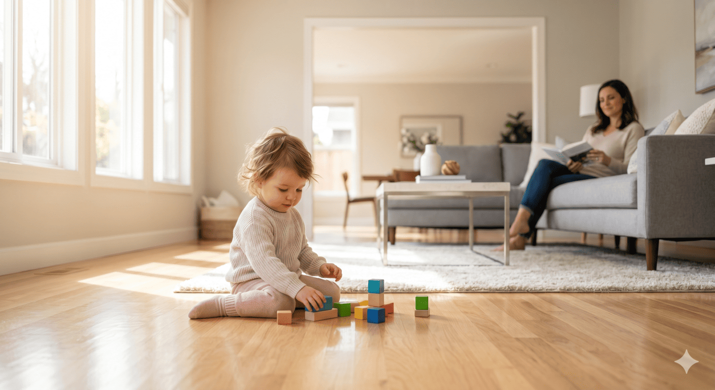 A toddler plays safely with colorful wooden blocks on a pristine, professionally cleaned hardwood floor in a sun-drenched East B