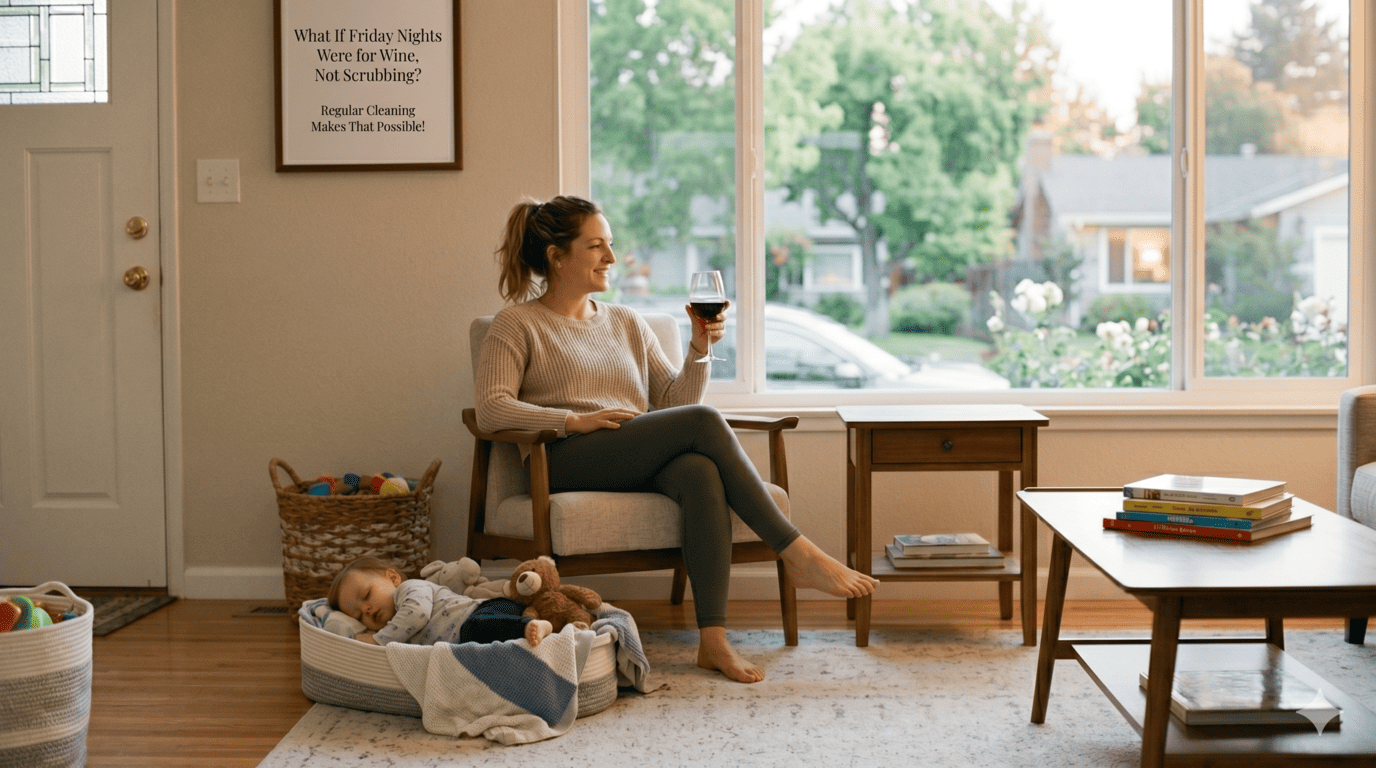 A woman sits in an armchair in a well-lit living room, smiling and holding a glass of red wine.