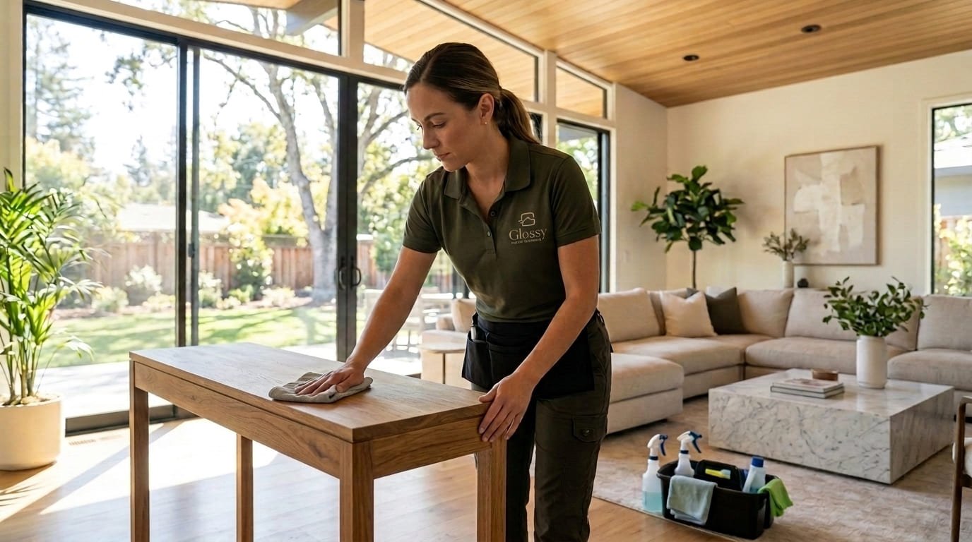 Professional cleaner from Glossy providing premium luxury house cleaning services in a pristine living room in Walnut Creek, CA.