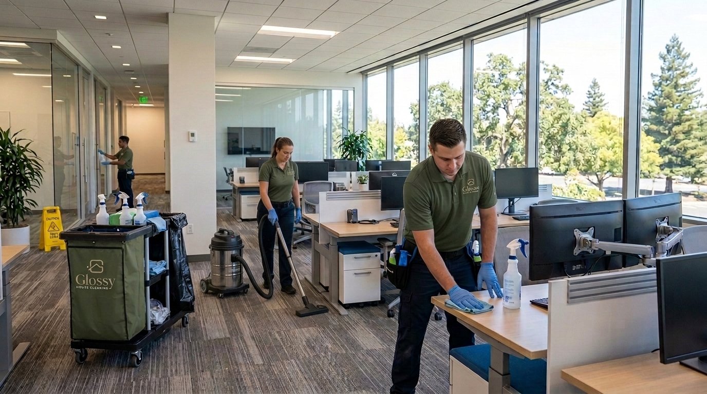 Professional commercial cleaners from Glossy providing office cleaning and janitorial services in a corporate workspace in Walnut Creek CA